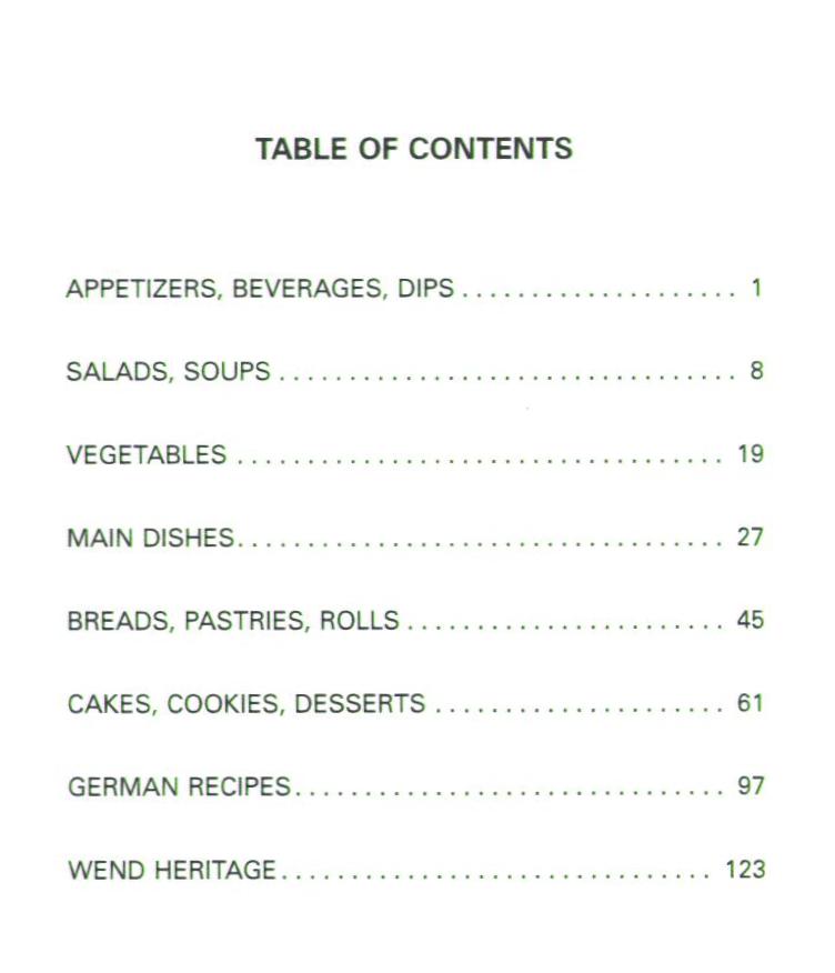 Wendish cook book, table of contens